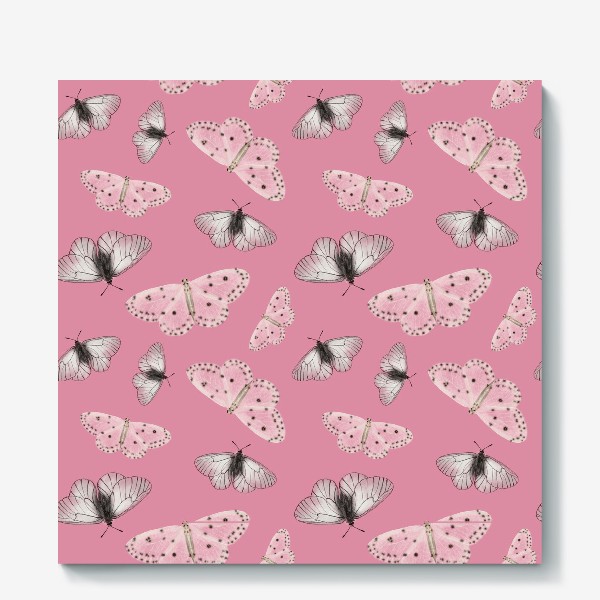 Холст «Нежные полупрозрачные белые бежевые серые мотыльки бабочки на розовом фоне»