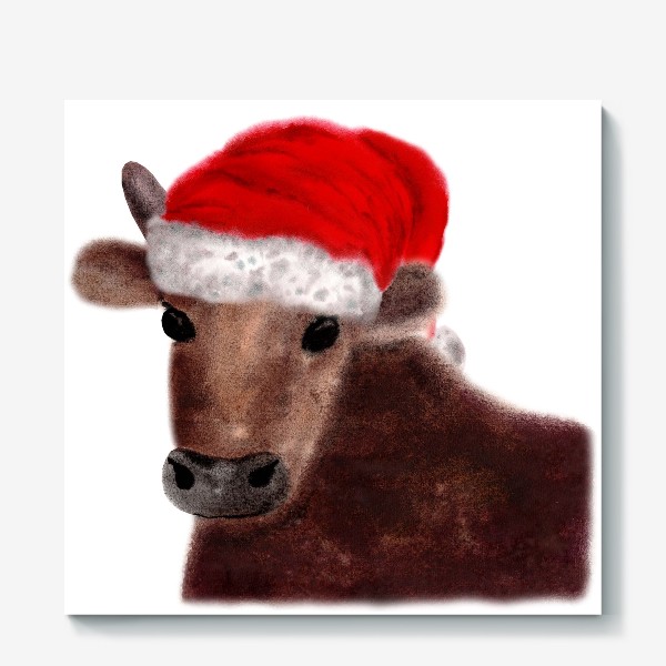 Холст «Новогодний бык Гриша в красном колпаке»