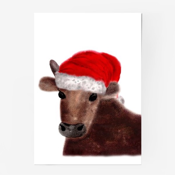Постер «Новогодний бык Гриша в красном колпаке»