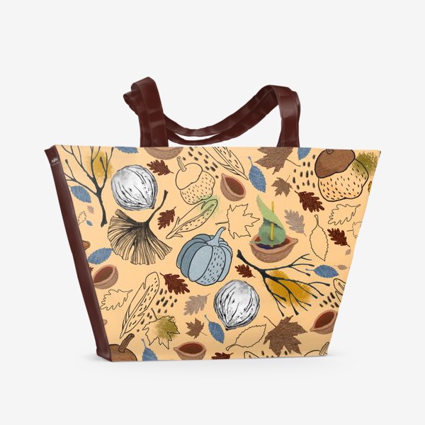Пляжная сумка &laquo;Тыквы, кораблики из ореховых скорлупок, ветки, перья, осенние листья. &raquo;