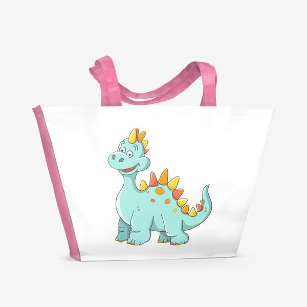 Пляжная сумка «Милый детский динозавр мятного цвета с оранжевымии и желтыми пятнышками»