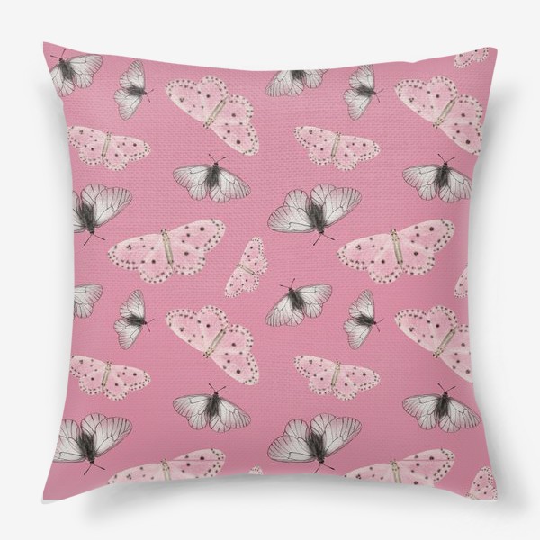 Подушка &laquo;Нежные полупрозрачные белые бежевые серые мотыльки бабочки на розовом фоне&raquo;