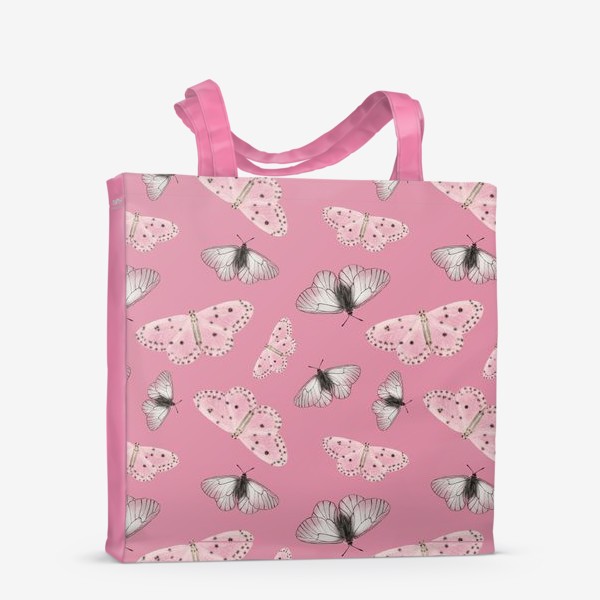 Сумка-шоппер «Нежные полупрозрачные белые бежевые серые мотыльки бабочки на розовом фоне»
