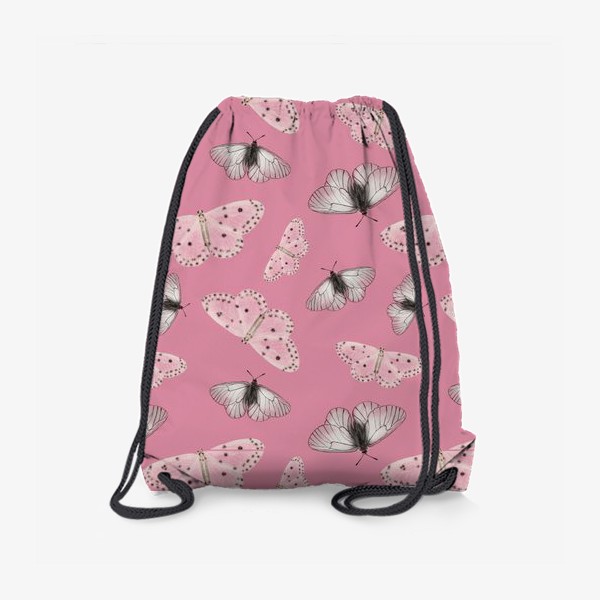 Рюкзак «Нежные полупрозрачные белые бежевые серые мотыльки бабочки на розовом фоне»