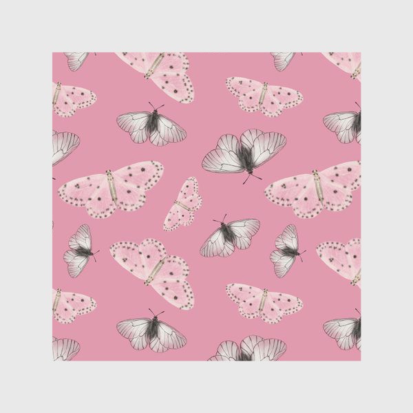 Скатерть «Нежные полупрозрачные белые бежевые серые мотыльки бабочки на розовом фоне»