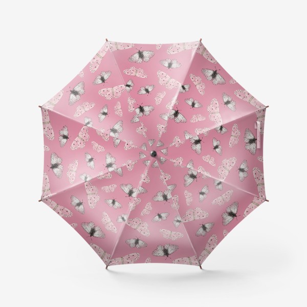 Зонт «Нежные полупрозрачные белые бежевые серые мотыльки бабочки на розовом фоне»