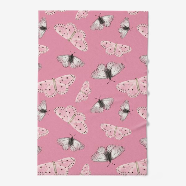 Полотенце «Нежные полупрозрачные белые бежевые серые мотыльки бабочки на розовом фоне»