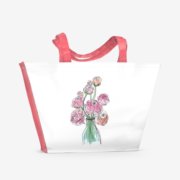 Пляжная сумка «ранункулюсы в бутылке, розовые цветы»