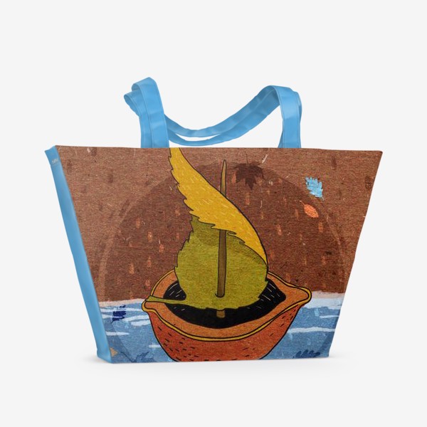 Пляжная сумка &laquo;Кораблик из ореховой скорлупки и листика. Крафт тема.&raquo;