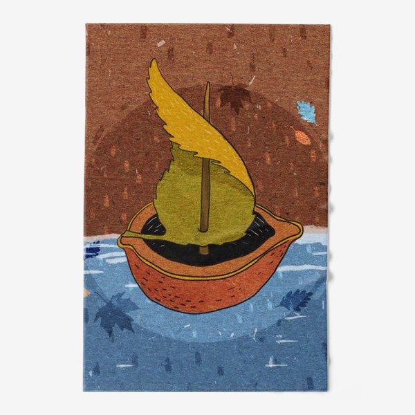 Полотенце «Кораблик из ореховой скорлупки и листика. Крафт тема.»