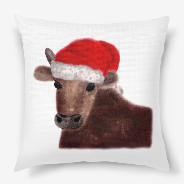 Подушка «Новогодний бык Гриша в красном колпаке»