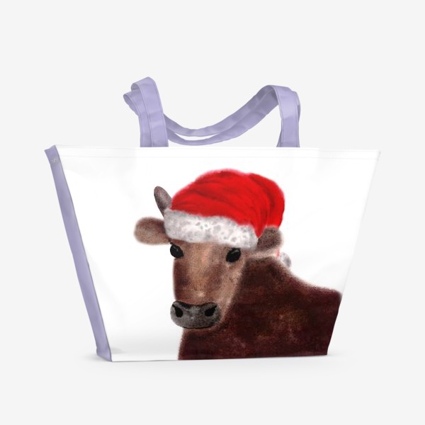 Пляжная сумка «Новогодний бык Гриша в красном колпаке»