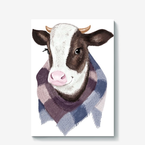 Холст «Корова в вязаном шарфике»