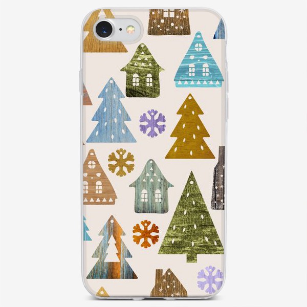 Чехол iPhone «Деревянные фигурки. Домики, елочки, снежинки. Новый год. Светлый фон.»