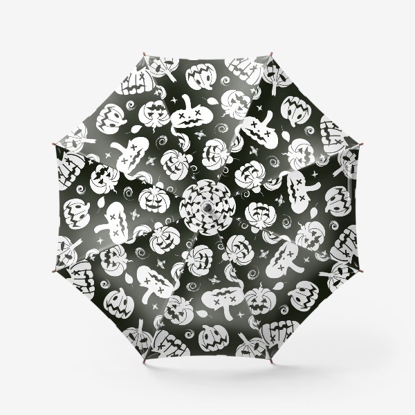 Зонт «Жуткие тыквы на черном фоне. Черно-белый хэллоуин узор тыкв»