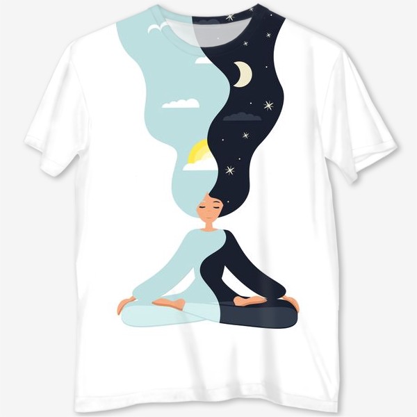 Футболка с полной запечаткой «Йога. Девушка медитирует в позе лотоса. День и ночь. Близнецы»