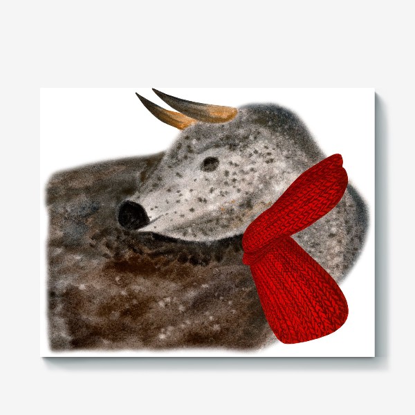 Холст &laquo;Новогодний пятнистый бык в красном шарфе&raquo;