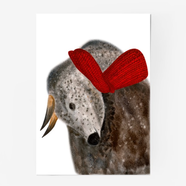 Постер «Новогодний пятнистый бык в красном шарфе»