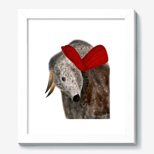 Картина «Новогодний пятнистый бык в красном шарфе»