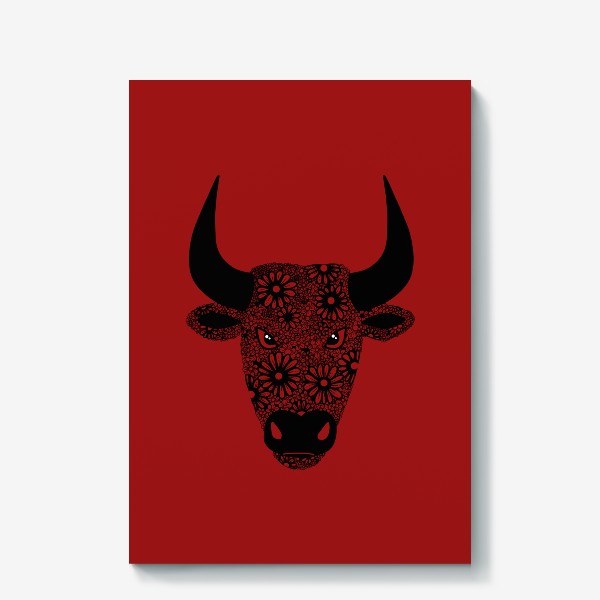 Холст «Черный бык из цветов на красном фоне»
