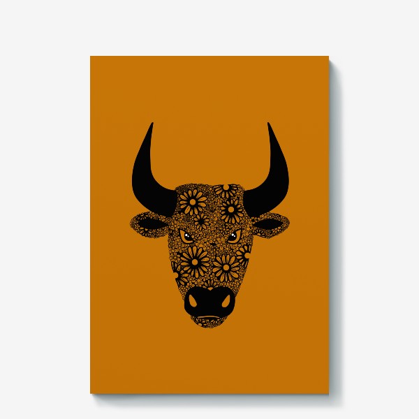 Холст «Символ года - черный бык из цветов на оранжевом фоне»