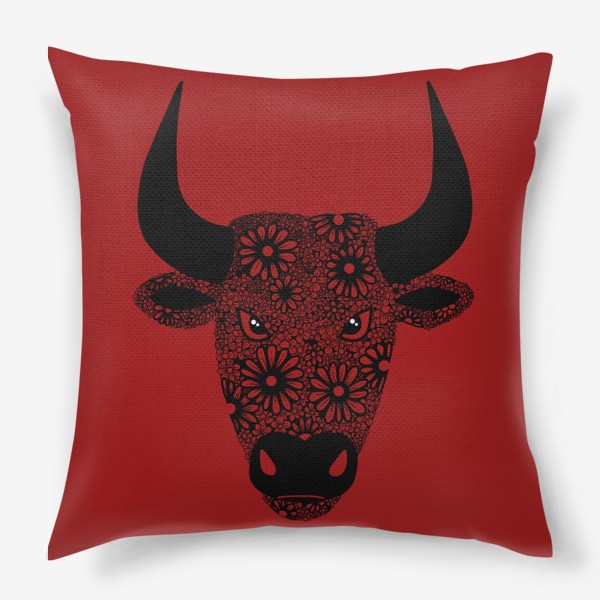 Подушка «Черный бык из цветов на красном фоне»