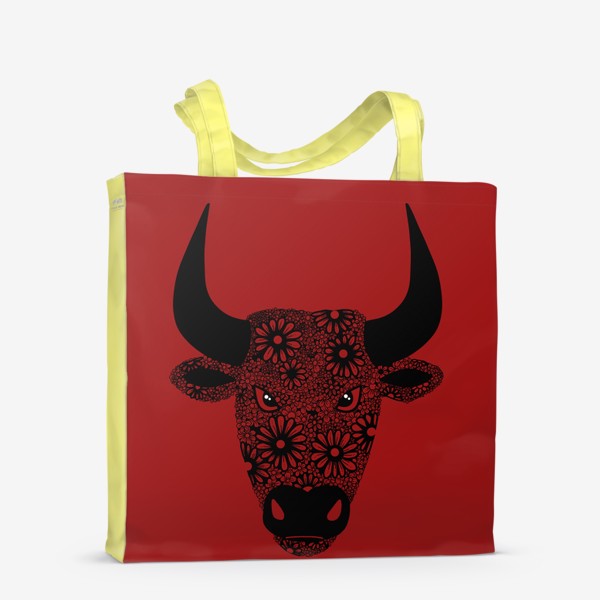 Сумка-шоппер «Черный бык из цветов на красном фоне»