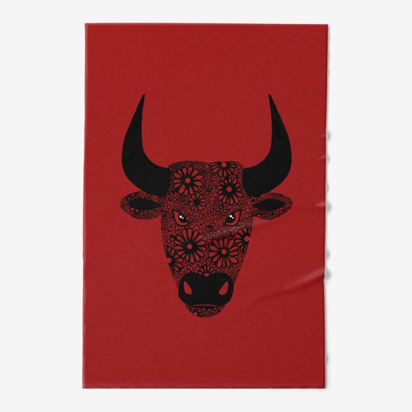 Полотенце «Черный бык из цветов на красном фоне»