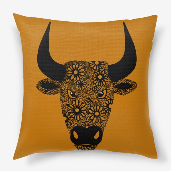 Подушка «Символ года - черный бык из цветов на оранжевом фоне»