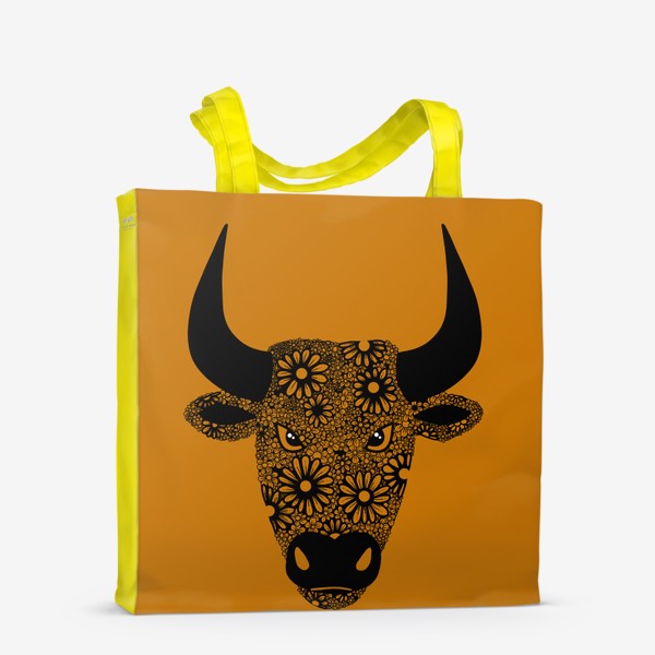 Сумка-шоппер «Символ года - черный бык из цветов на оранжевом фоне»