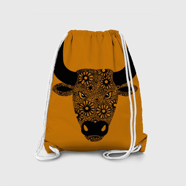 Рюкзак «Символ года - черный бык из цветов на оранжевом фоне»