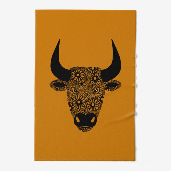 Полотенце «Символ года - черный бык из цветов на оранжевом фоне»