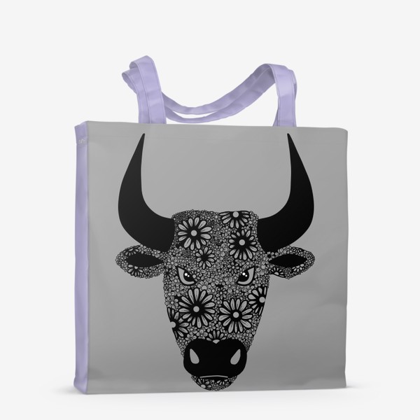 Сумка-шоппер «Символ нового года - бык из цветов на сером»