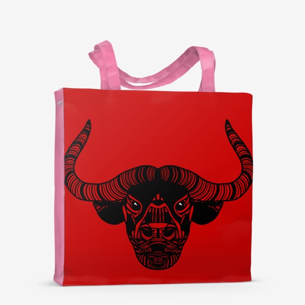 Сумка-шоппер «Символ 2021 года - брутальный бык на красном фоне»