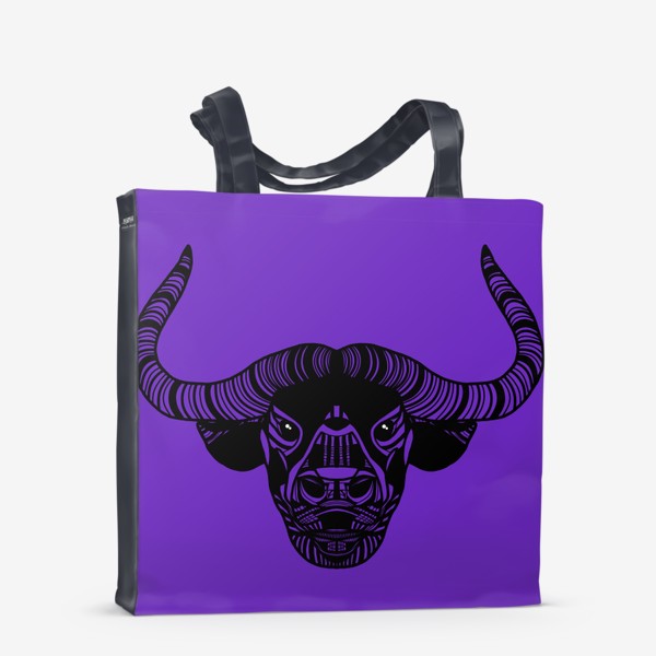 Сумка-шоппер «Символ 2021 года - брутальный бык на фиолетовом фоне»