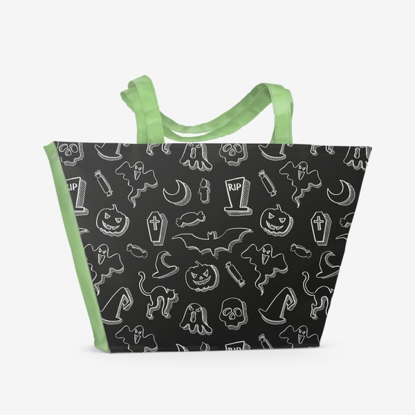 Пляжная сумка «хэллоуин, чёрно-белый паттерн (тыква, череп, призрак, свечи, могила, летучая мышь, луна, конфеты и др)»