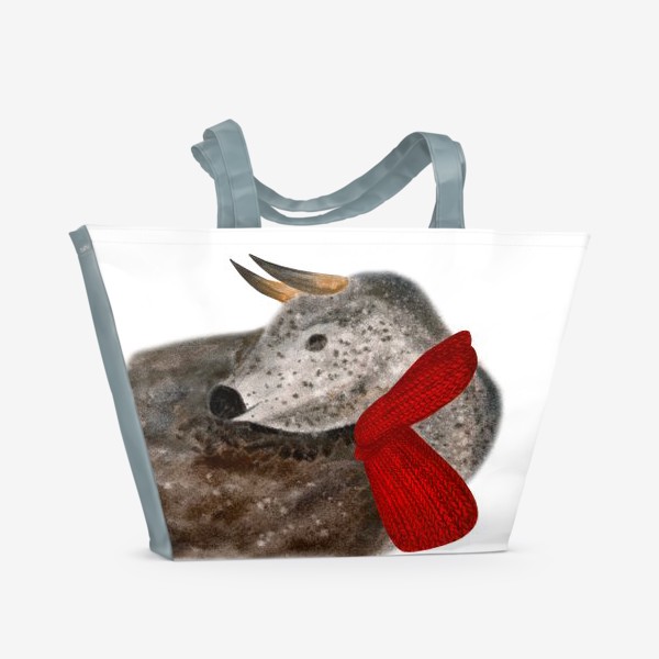 Пляжная сумка «Новогодний пятнистый бык в красном шарфе»