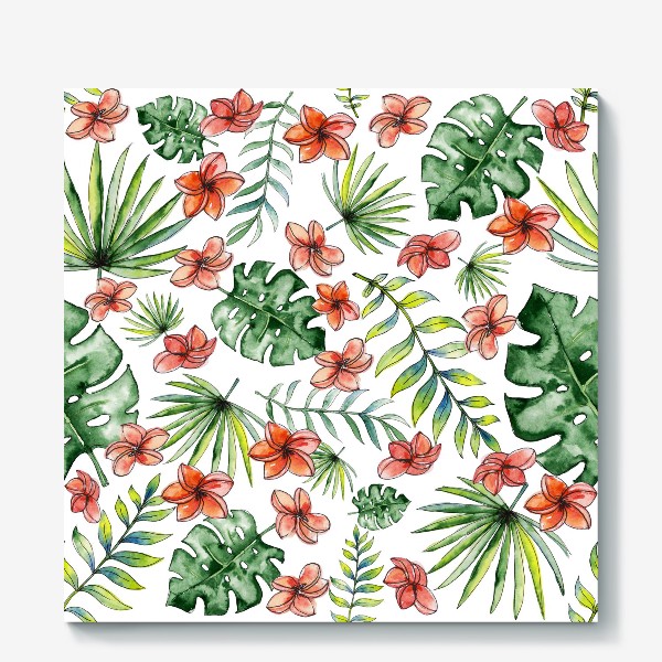 Холст «Seamless watercolor tropical leaves and flowers pattern»