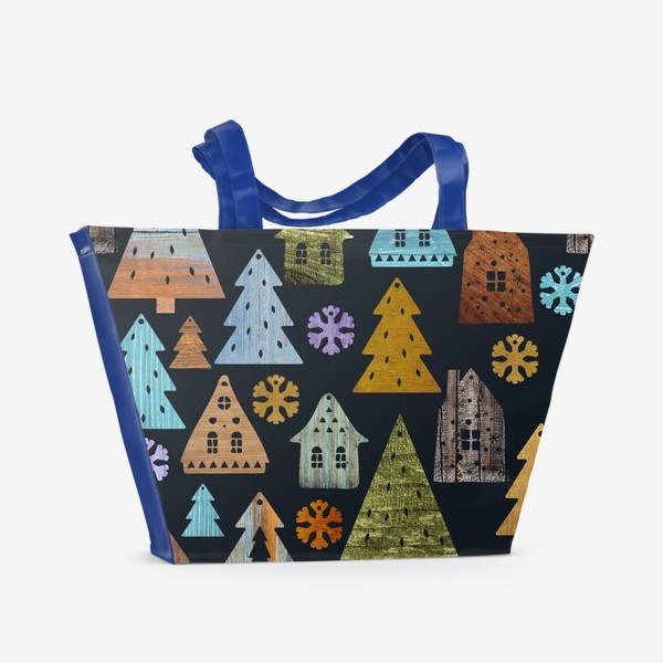 Пляжная сумка «Деревянные фигурки. Домики, елочки, снежинки. Новый год.»