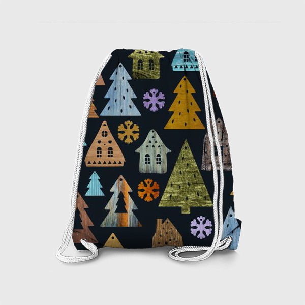 Рюкзак «Деревянные фигурки. Домики, елочки, снежинки. Новый год.»