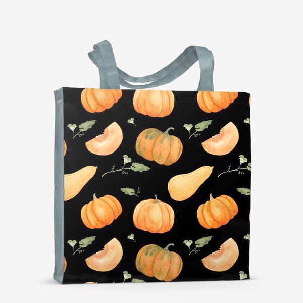 Сумка-шоппер «Осенние тыквы. акварельный принт на черном фоне»