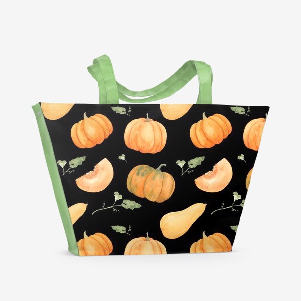 Пляжная сумка «Осенние тыквы. акварельный принт на черном фоне»