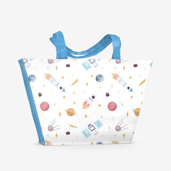 Пляжная сумка «Космические ракеты, спутники, планеты, акварельный принт на белом фоне»