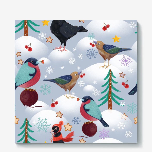 Холст &laquo;Снегири, голуби в шапках и лесные птички. Зима, елки, снег, снежинки, ягоды, звезды.&raquo;