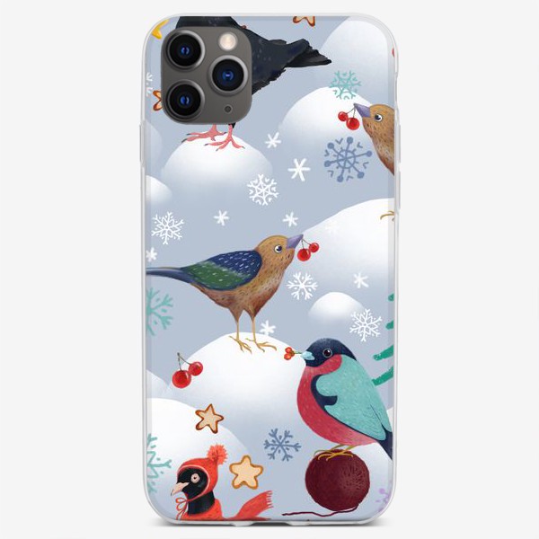 Чехол iPhone «Снегири, голуби в шапках и лесные птички. Зима, елки, снег, снежинки, ягоды, звезды.»