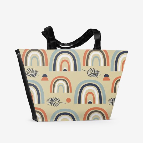 Пляжная сумка &laquo;узор с пастельными радугами и тропическими листьями на белом  фоне в стиле бохо&raquo;