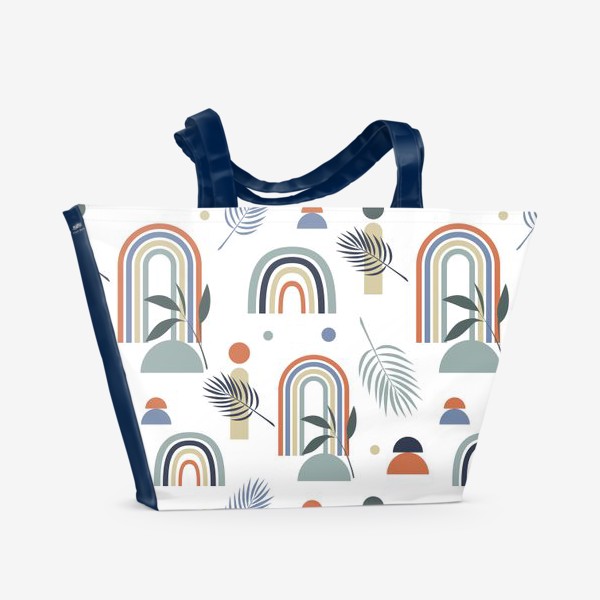 Пляжная сумка «узор с пастельными радугами и тропическими листьями на белом  фоне в стиле бохо»