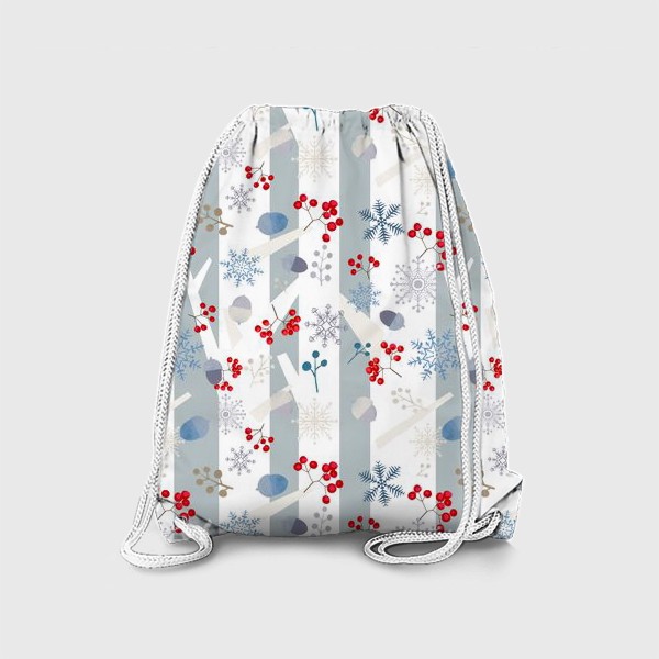 Рюкзак «Зимняя сказка. Пастельные цвета, деревья, снежинки и яркие красные ягоды»