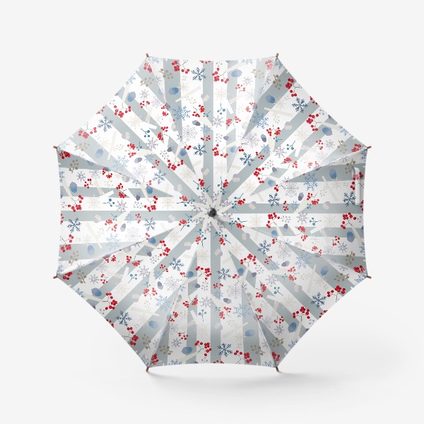 Зонт «Зимняя сказка. Пастельные цвета, деревья, снежинки и яркие красные ягоды»