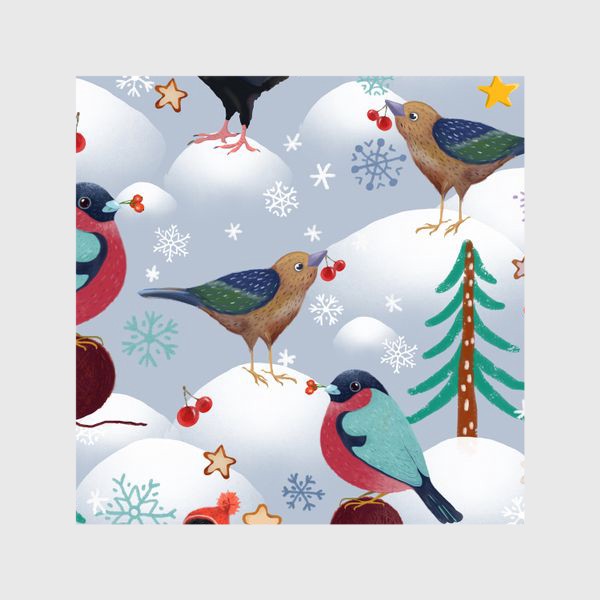 Шторы &laquo;Снегири, голуби в шапках и лесные птички. Зима, елки, снег, снежинки, ягоды, звезды.&raquo;